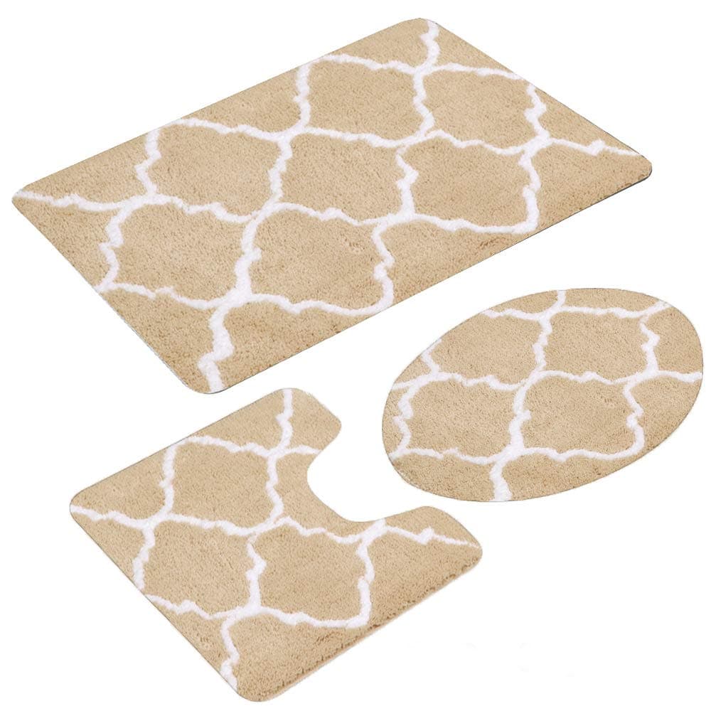 3 Pieces Bathroom Rug Set,Non-Slip Bath Mats for Floors,Ultra Soft, Absorbent and Comfortable U-Shaped Contour Rug, Floor Mat and Toilet Lid Cover (Beige-Geometric)