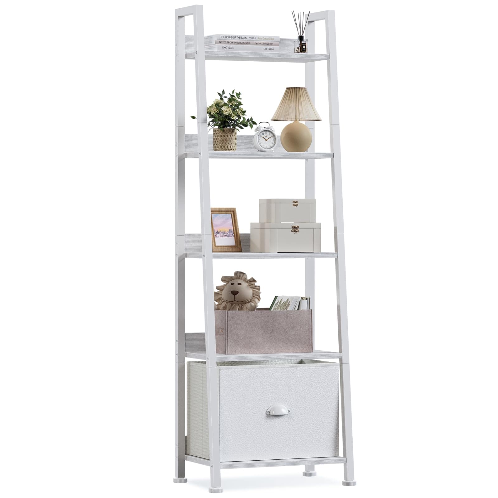5-Tier White Ladder Shelf, Ladder Bookshelf with Removable Drawer, Mordern Bookcase Storage Rack Organizer, Wood Metal Freestanding Storage Shelves for Living Room, Home Office, Bedroom