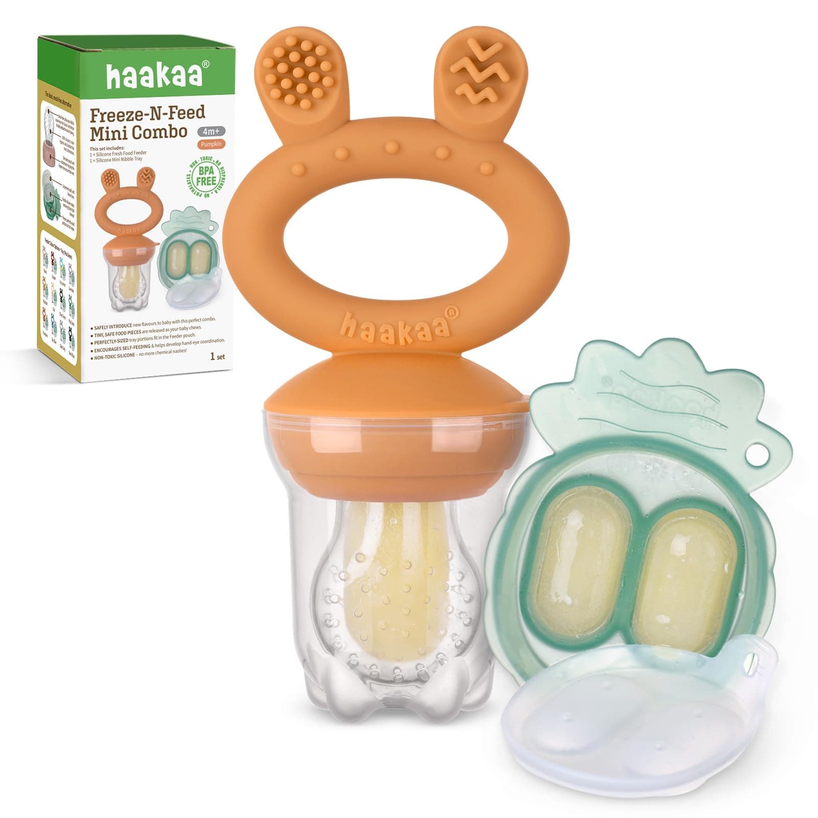 Haakaa Baby Fruit Food Pacifier Feeder | Breastmilk Popsicle Mold for Teething| Food Grade Silicone Feeder with Pouch Cover for Milk Freezing, Help Baby Teething Relief, BPA Free (Pumpkin)
