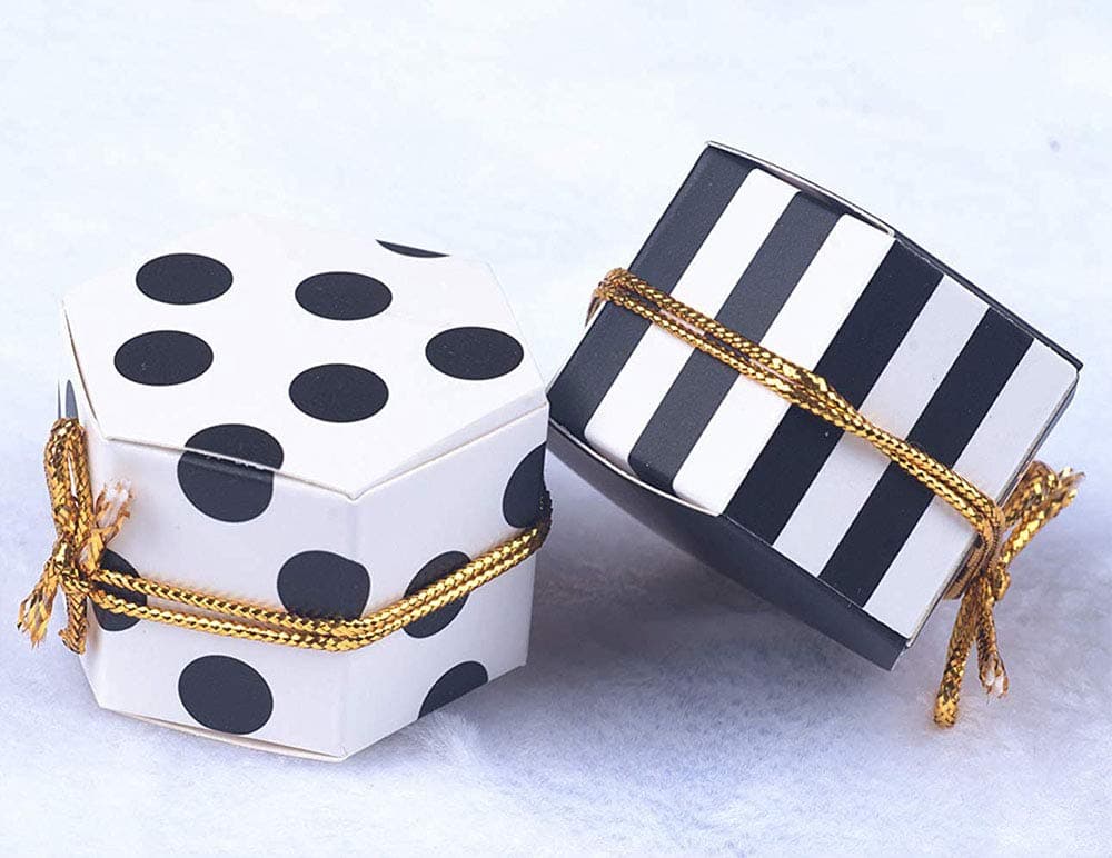 Treat Boxes Hexagon Stripes Candy Boxes bulk Polka Dot Favor Boxes Small Goodie Boxes With Rope And Tags Black White Candy Boxes For Baby Shower/Birthday/Wedding/Tea Party - 2"x 2"x 1", Pack of 50