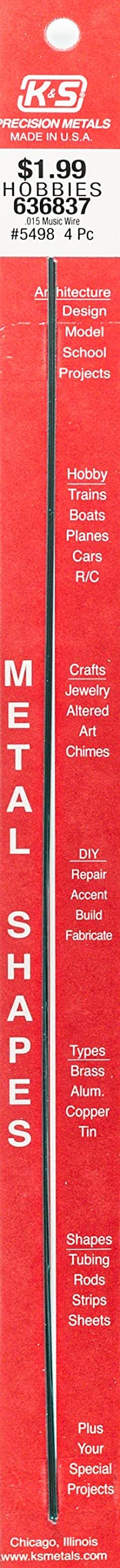 K&S Precision Metals Music Wire 5498 – 0.015" OD x 12" Long – High Tensile Strength for Crafts, Jewelry, Musical Applications, Made in USA, 4 Wires