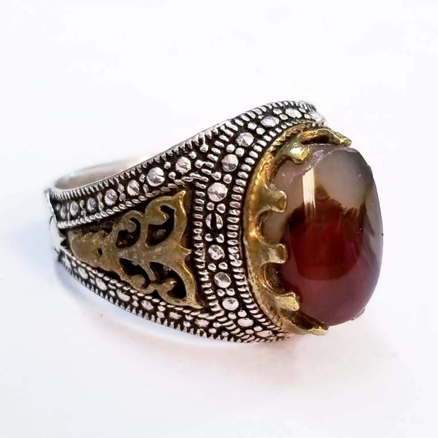BROWN agate aqeeq عقيق يماني oval yamani aqeeq natural semi precious multi color agate gemstone men ring sterling silver 925 yemeni jewelry