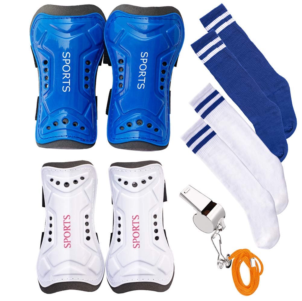 WrzbestSoccer Football Long Sleeve Socks and Shin Guards for 3-13 Old Kids,Youth - 2 pair Knee High Socks and Shin Guards with 1 Professional Referee Whistle