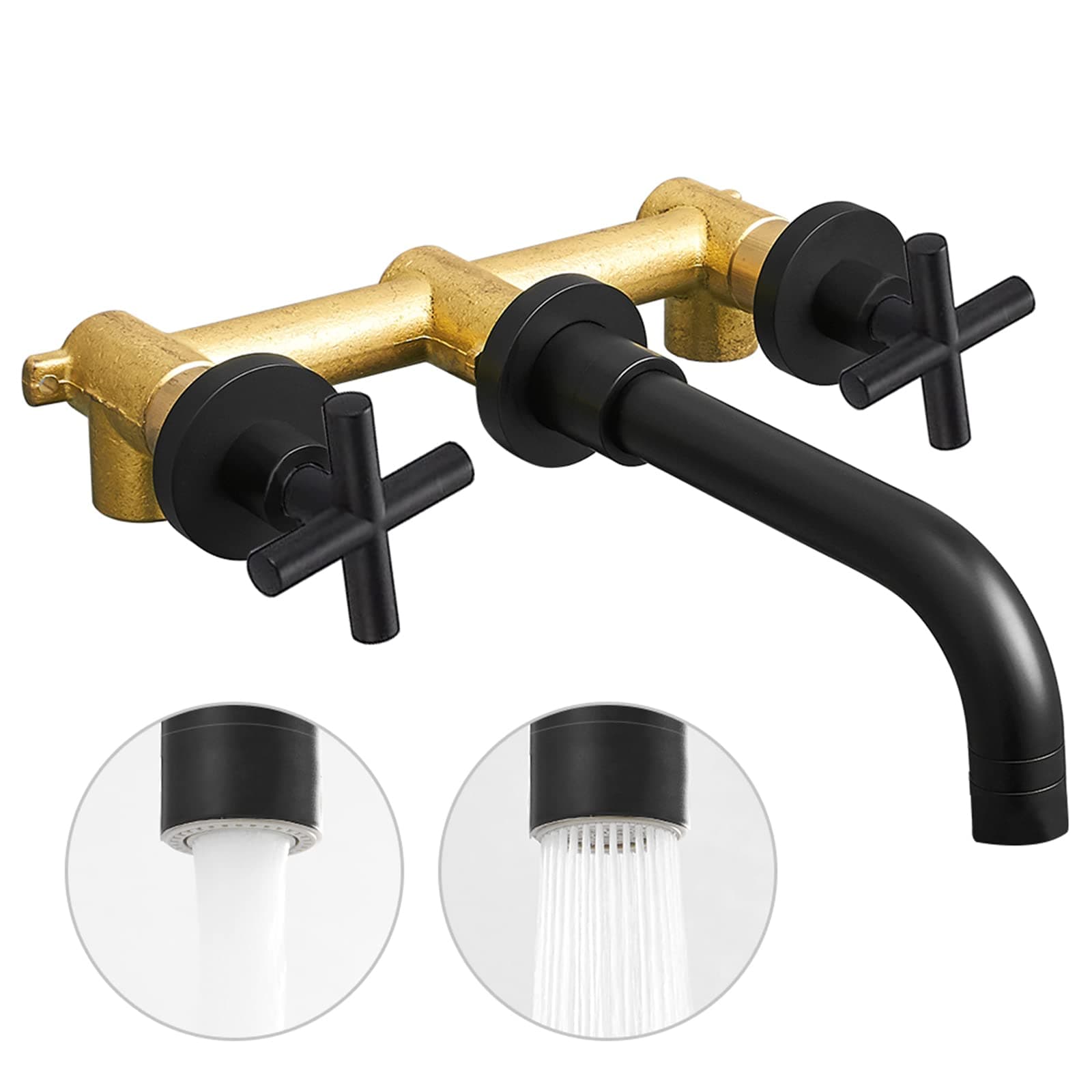 Hoimpro Cross Handle Wall Mount Bathroom Faucet,Two Handle Wall Mounted Bathroom Sink Faucet, 2 Function (Stream,Spray) Bathtub Vanity Faucet, Rv Bath Tub Faucet with Rough in Valve, Matte Black/Brass