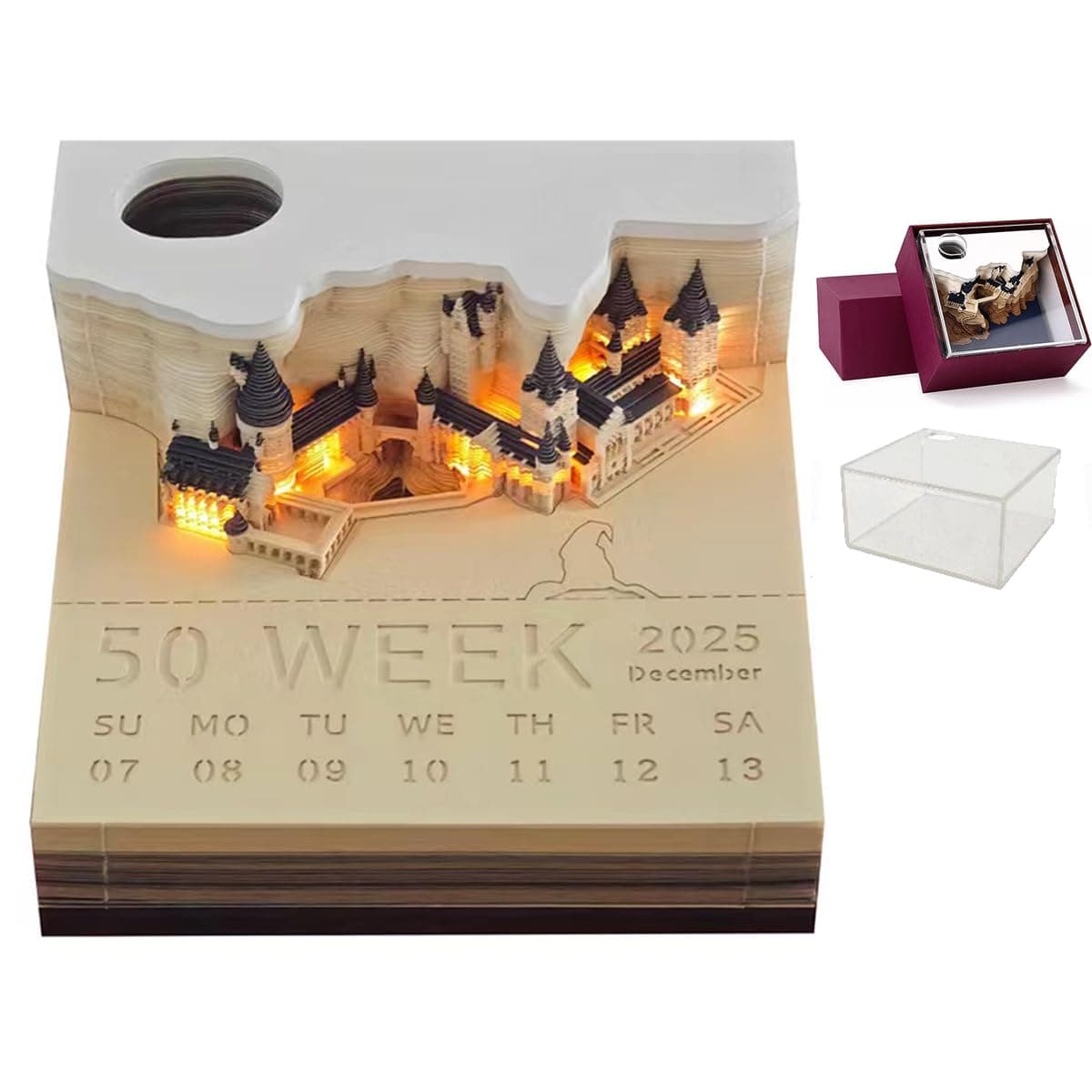 CARETHYS3D Creative Time Piece Calendar 2024 Desk Calendar,Magic Castle with LED Lights,Tear-Away Notepad,Paper Carving Art Craft Gift for Christmas