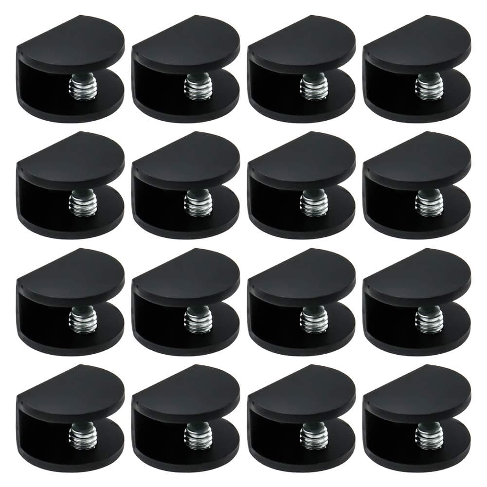 Adjustable Glass Clamp Brackets 16Pcs, for 0.2-0.31 Inch Thick Glass Shelves, Aluminum Alloy Wall Mount Clips Holder , Shower Railing Support Hardware, Matte Black