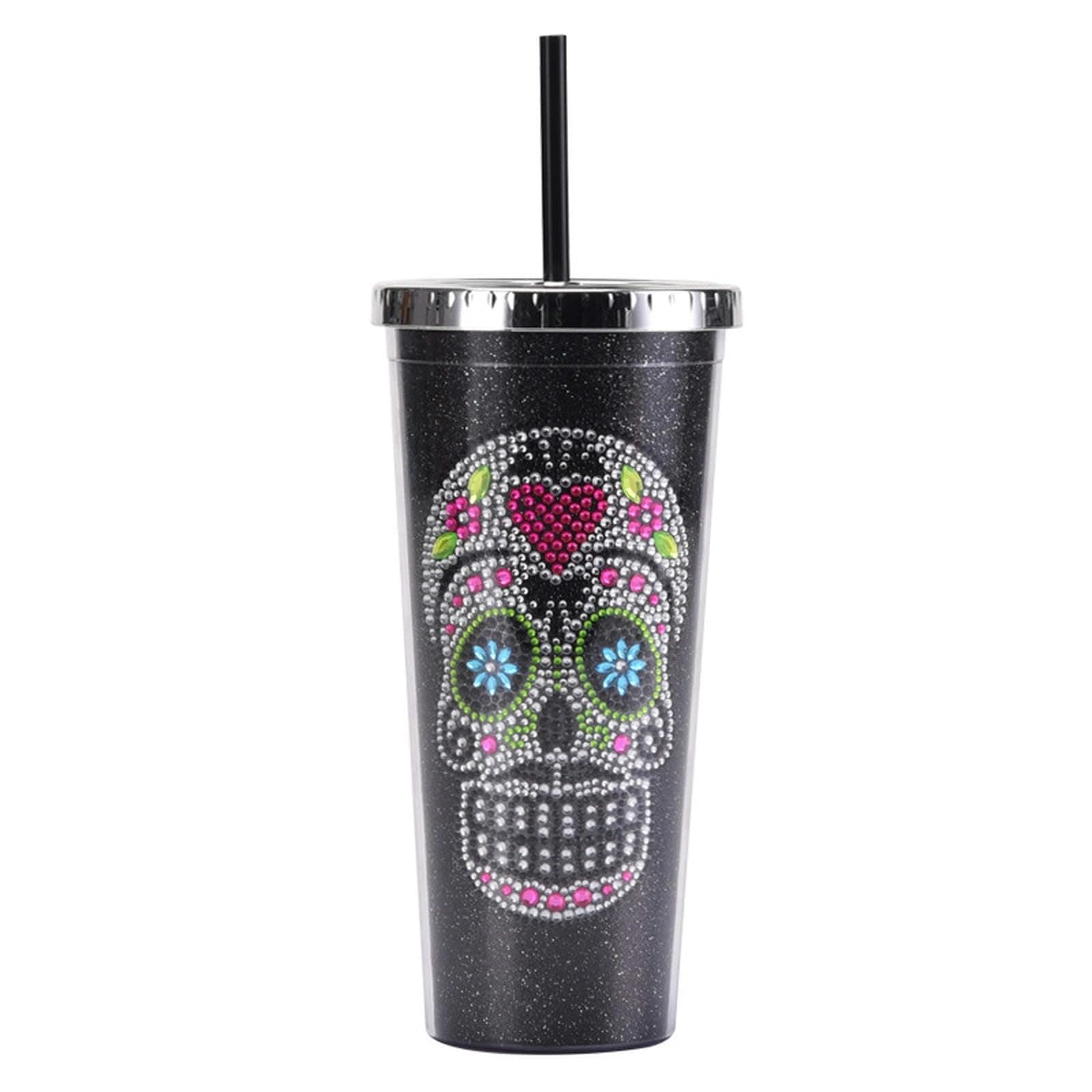 CAPIJIONG700ml Double Layer Plastic Straw Cup Diamond Creative Skull Halloween High Capacity Drink Cup-Black E-style