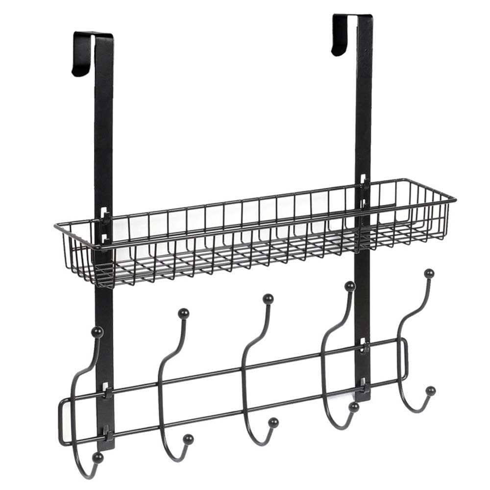 KEIMIX Coat Rack, Over The Door Hanger with Mesh Basket, Detachable Storage Shelf for Towels, Hats, Handbags, Coats (Black)
