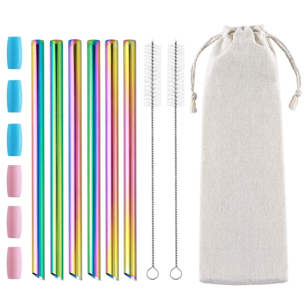 6 Pcs Rainbow Reusable Boba Straws, 0.5" Wide Stainless Steel Straws with Angled Tips & Cleaning Brush