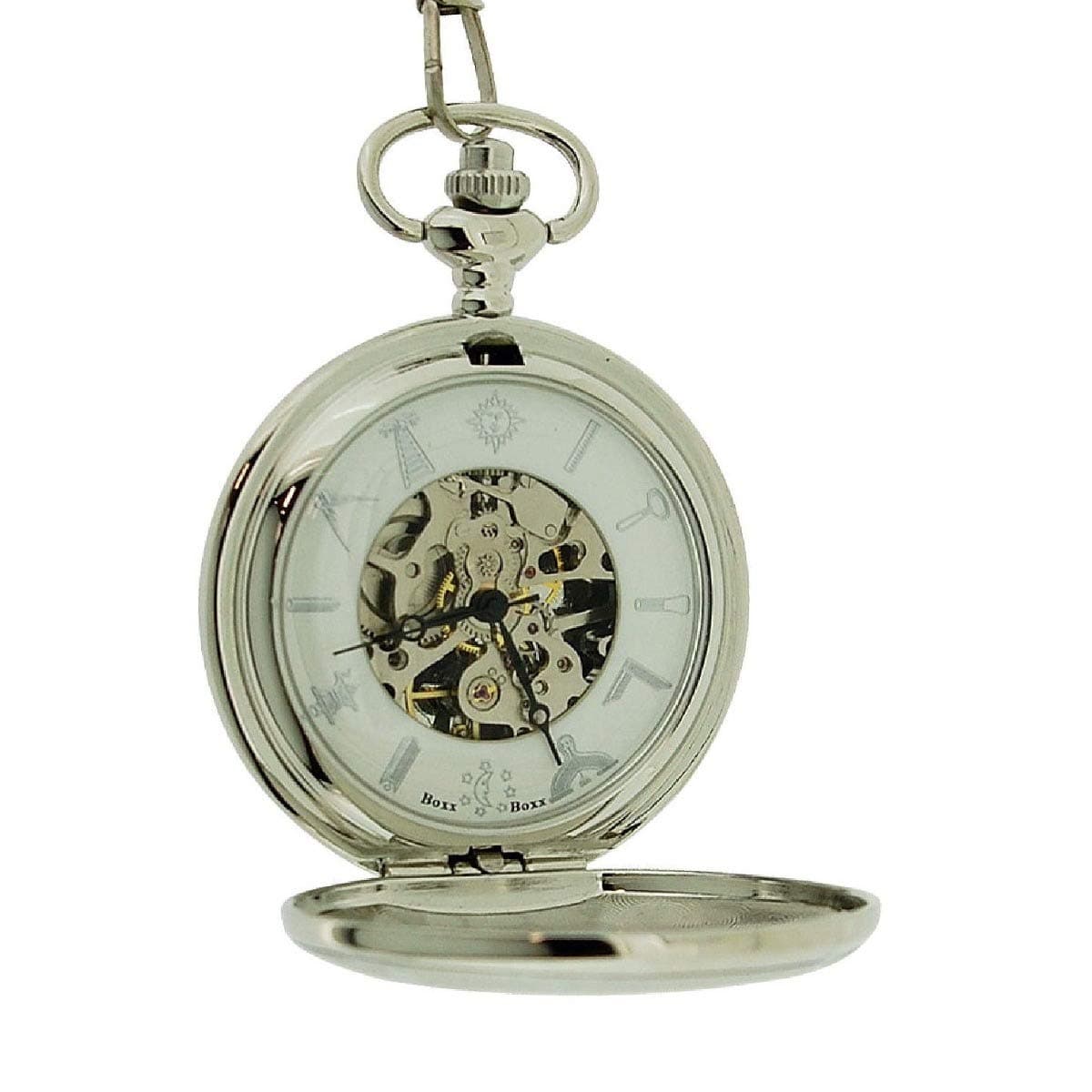 Gents Silver Tone Masonic Freemasonry Mechanical Pocket Watch on 13 Inch Chain BOXX354