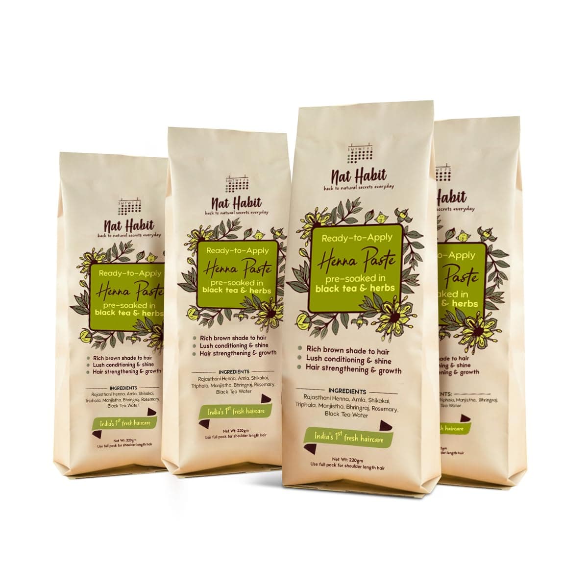 - Nat Habit Henna Paste, Pre-Soaked in Black Tea and Herbs, 100% Natural Rajasthani Henna - (Pack of 4 x 220g)