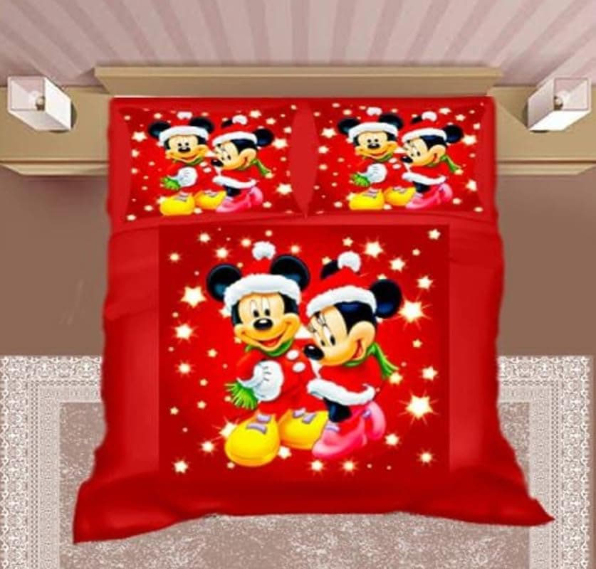 Evan Merry Disney Christmas Theme, Double Bedsheet with 2 Pillowcases, for Adults and Children, Disney Christmas Decoration (Mickey Mouse)