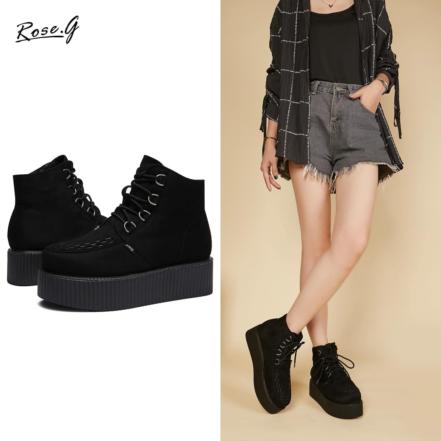 RoseG Women's High Top Suede Lace Up Flat Platform Creepers Shoes Boots