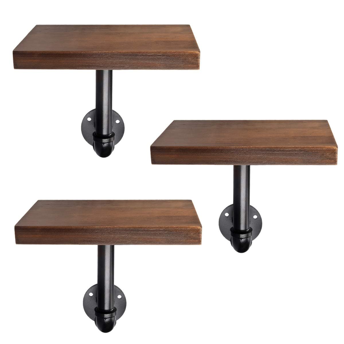 Industrial Pipe Shelf Set - 3 Small Wooden Shelves with Black Pipe Brackets - 5.9" x 7.9" Wall-Mounted Wood Shelving - Size S, Dark Brown