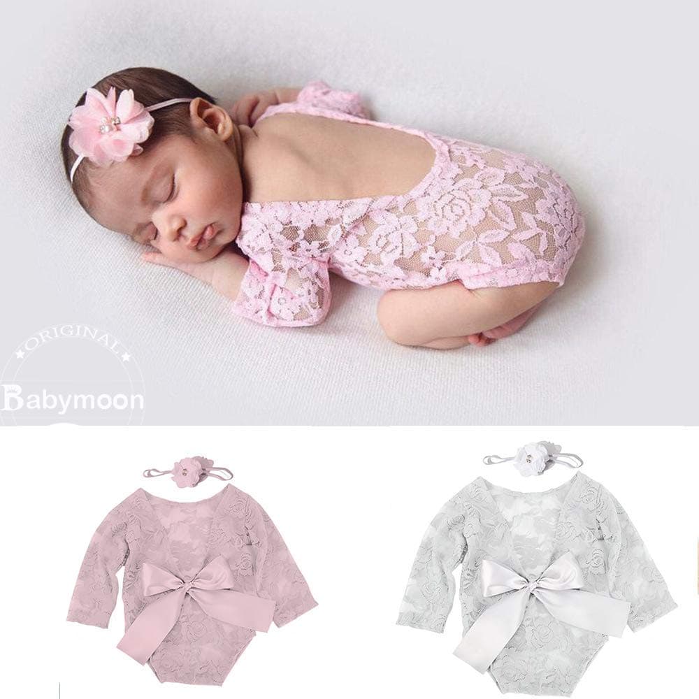Set of 2 | Girls Lace Romper with Hairband Born Baby Photography Photoshoot Props Costume | 0-1 Month