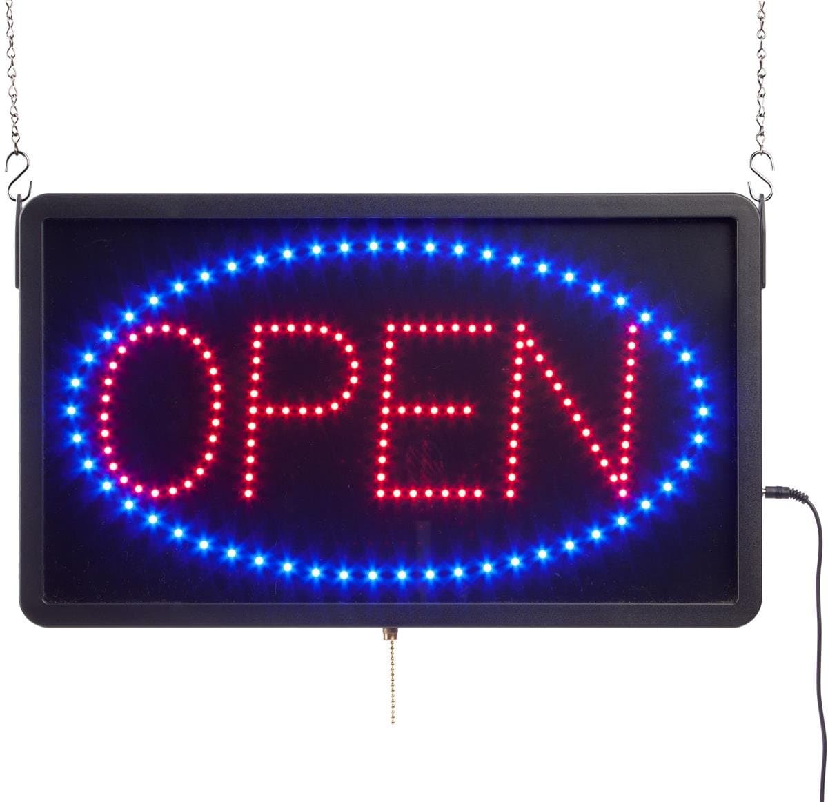 Displays2go Animated LED Sign, Reads Open, Includes Oval Swoosh with 12V Adapter- Black Plastic (LEDOPEN09)