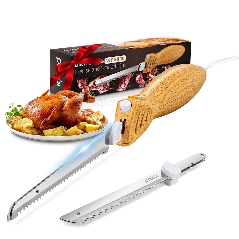 Electric Knife - Carving Knife Set, Easy-Slice Serrated Edge Blades for Meat, Bread, Turkey, Ribs, Fillet, DIY, Ergonomic Handle + 2 Blades for Raw & Cooked Food New Upgrade(Faux Wood)