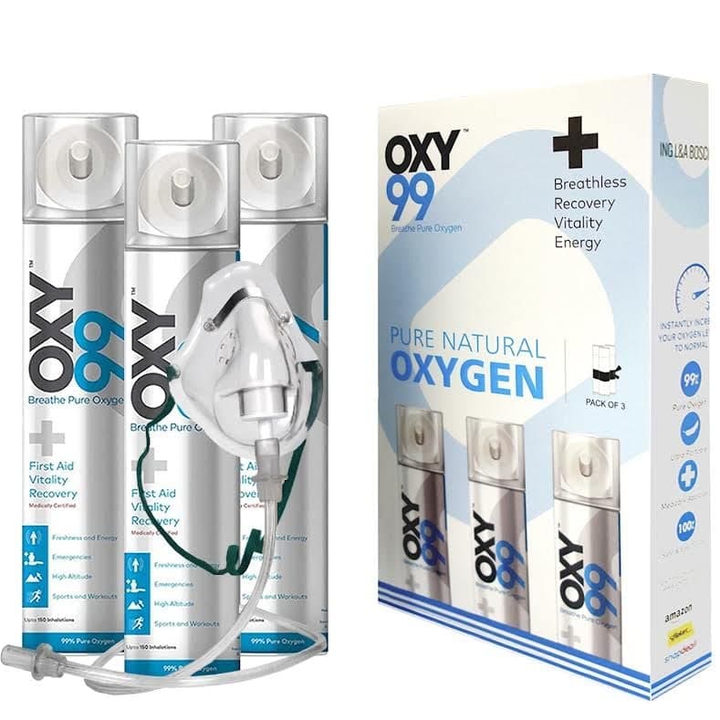 OXY99 Fresh Oxygen Aluminium Can Pack of 3 with Mask(18litres), Tube & Elastic Strap - Oxygen Cylinder For Home, Oxygen Tank For Emergencies, Oxygen For Scuba Diving & Hiking Adventure ING. BOSCHI ITALY