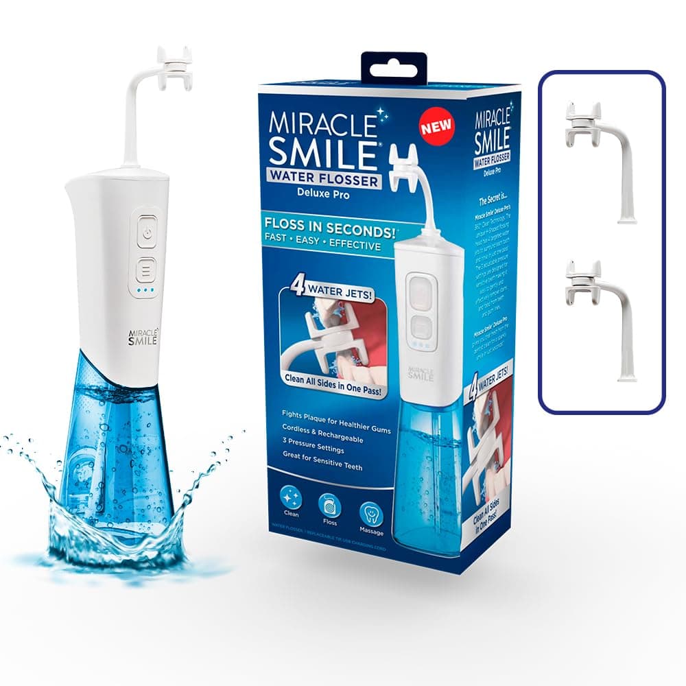 Miracle Smile Water Flosser for Teeth&Gum Health, Unique H-Shaped Flossing Head&4 Water Jets, Cordless Water Flosser Features 360° Cleaning&3 Pressure Modes, USB Rechargeable Dental Floss, White