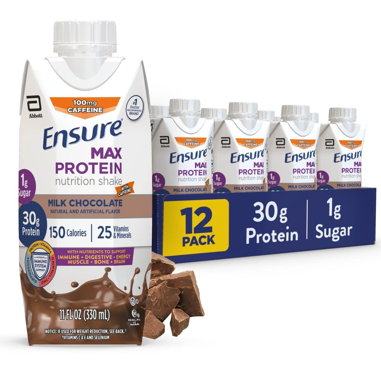 Ensure Max Protein Shake | Milk Chocolate with Caffeine | Ready to Drink | 30g Protein for Muscle Health | 1g Sugar, 4g Fiber | 11 fl oz, 12 Pack