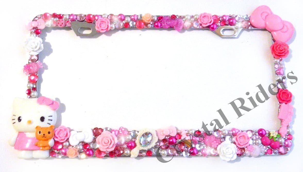 Bling License Plate Frame with Crystals BOW CAT Kitty Pink Heart Flower Clear Metal Chrome Zink Alloy Holder Sparkly Sparkle Custom Hand Made Hand Crafted HOT