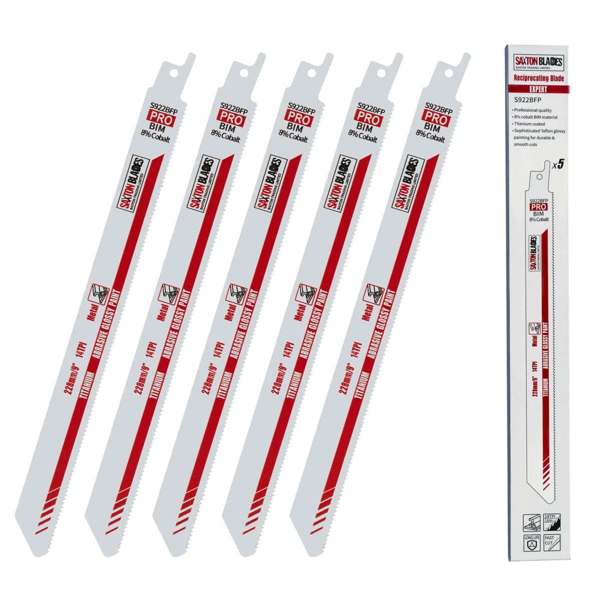 Saxton 225mm Professional Range Bi-Metal 8% Cobalt Reciprocating Saw Blade Heavy Duty – S922BFP – Pack of 5