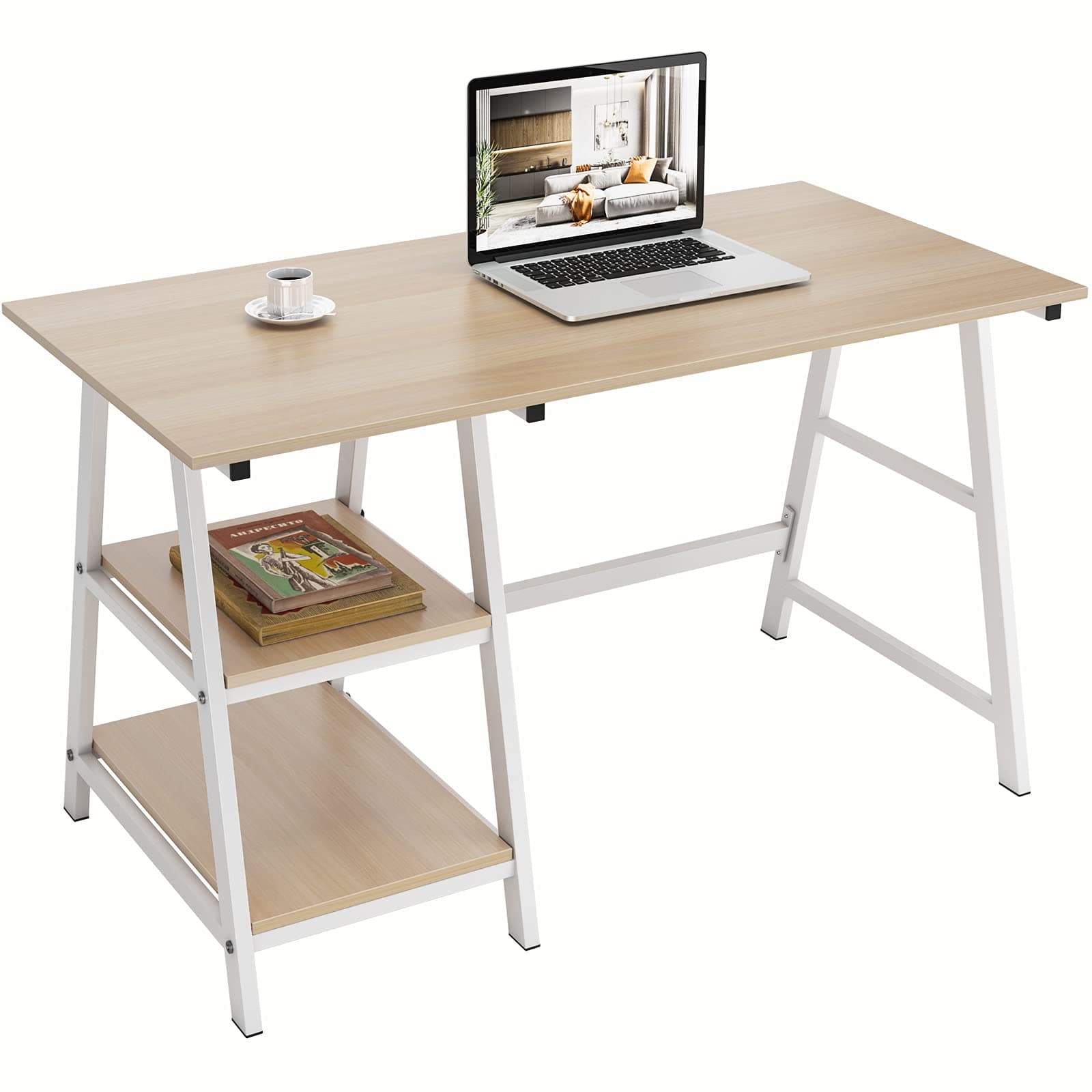 DlandHome Desk Table with 2 Shelves