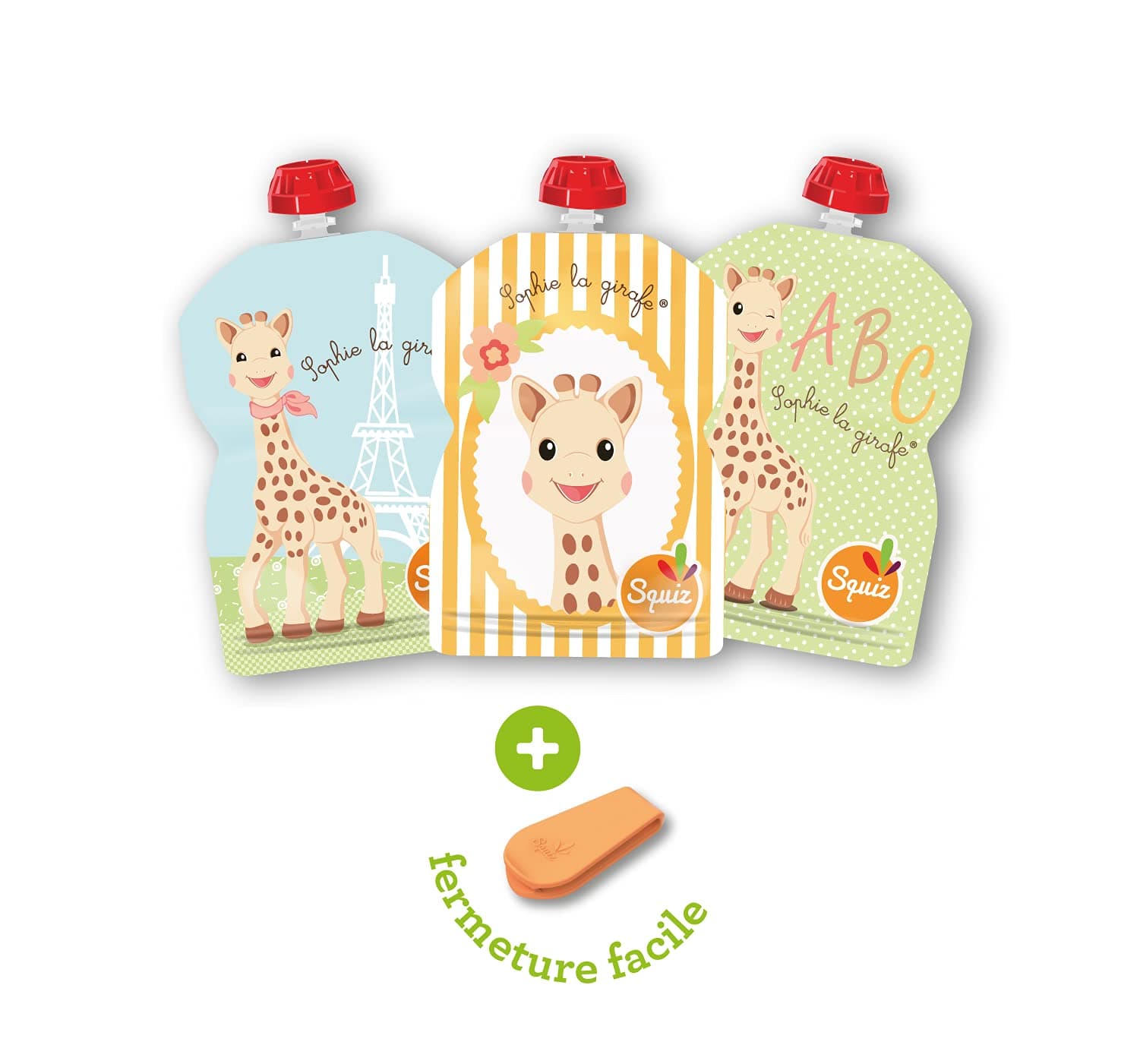 SQUIZ - Pack of 3 Reusable and Refillable 90 ml food pouches for kids and babies // Used with Baby Food, applesauce, yoghurt or home made blended food and vegetable // BPA-Free // Sophie a girafe // Swiss-Made
