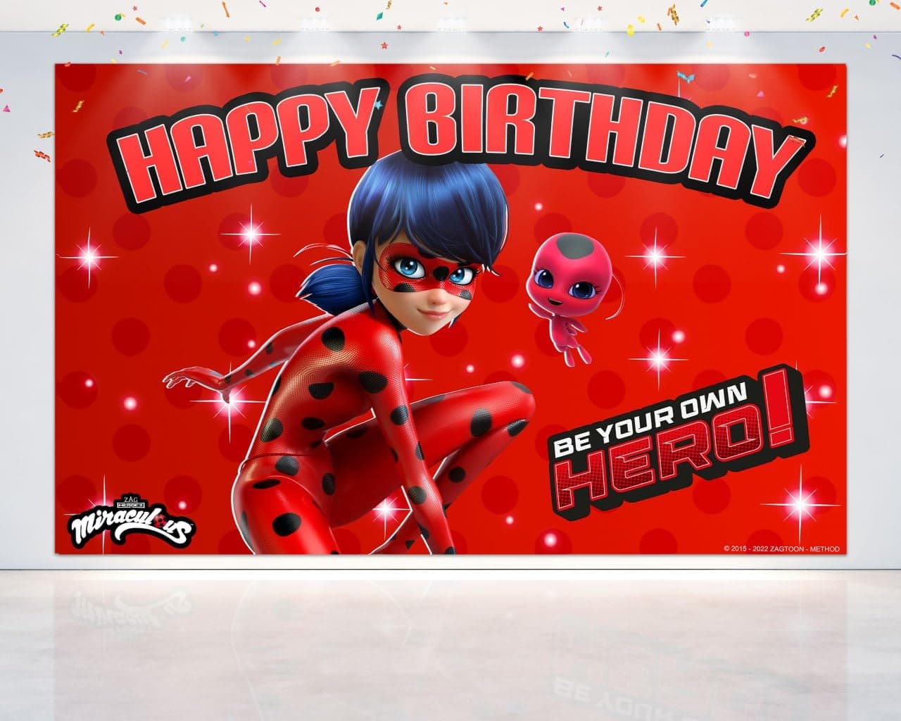 PC 5x3 FT Miraculous Ladybug Backdrop V3 for Birthday Party Decorations. Cartoon Miraculous Ladybug Background for Theme Birthday.