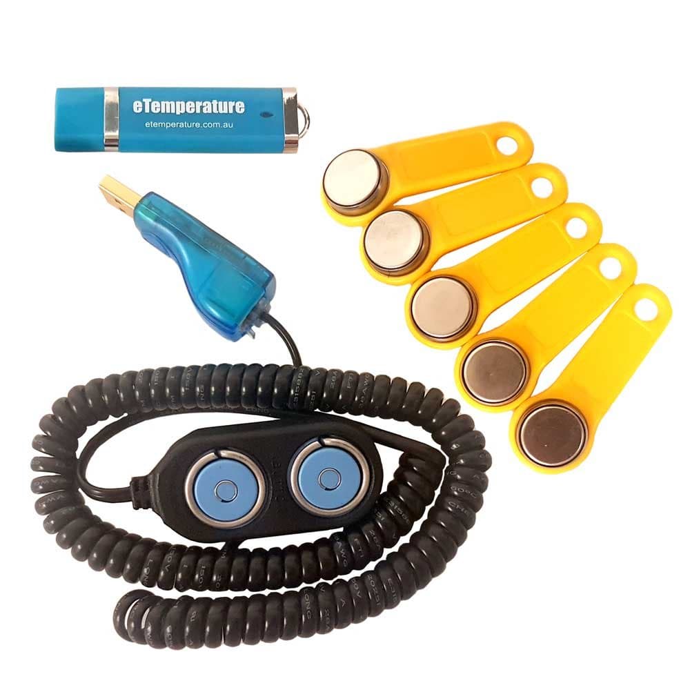5-Pack Thermochron DS1921G Temperature Loggers with Fobs (Holders), iButton Reader with USB Connection, and eTemperature Software on USB