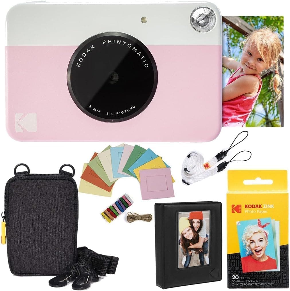 – KODAK Printomatic Instant Camera (Pink) Deluxe Bundle + Zink Paper (20 Sheets) Case - Photo Album