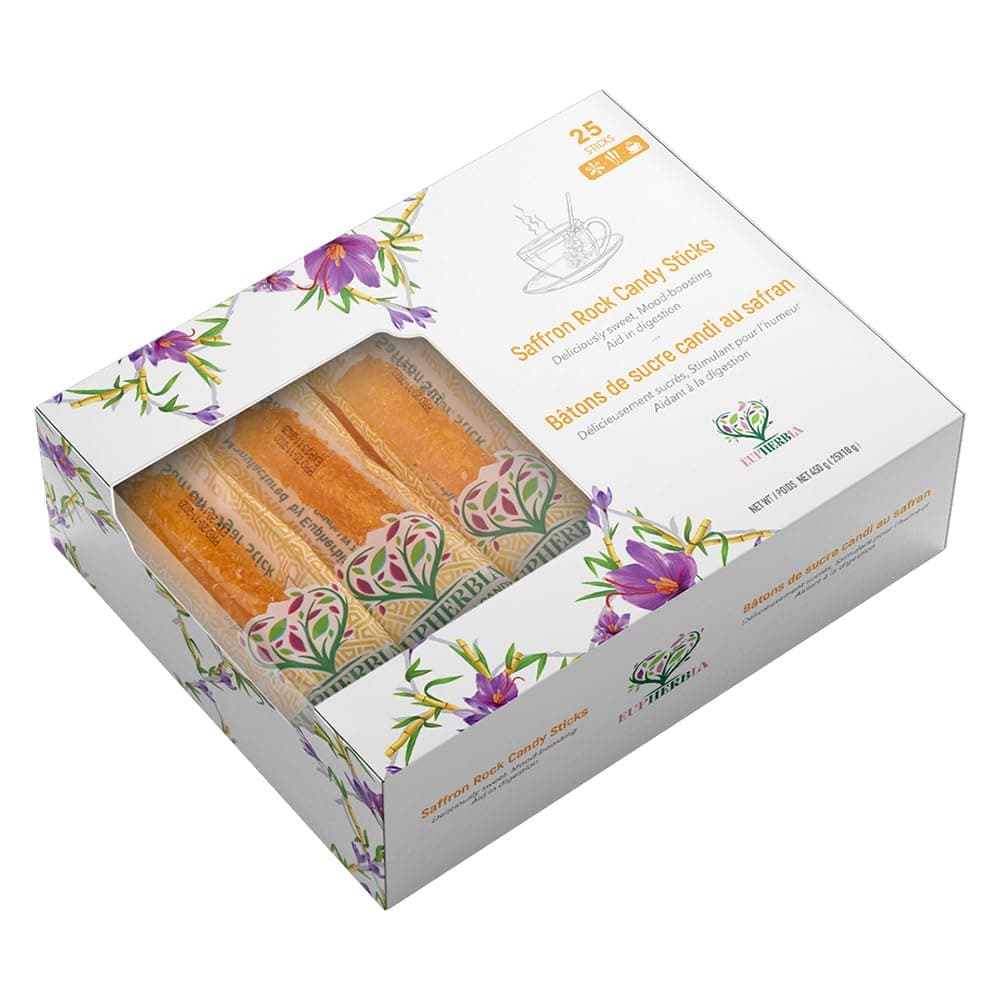 Saffron Rock Candy Sticks, 25 Pack, Pure Crystalline Elegance, Handcrafted Sweetness, Sugar Rock Candy (Nabat) Infused with Pure Grade A+ Saffron Threads, Ideal for Tea, Coffee, Milk, and