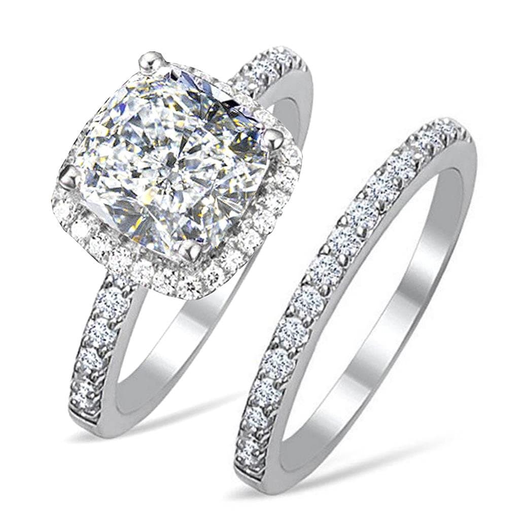 Diamonbella101 facets 2 Carat Princess Cushion Cut NSCD Simulated Diamond Ring Band Set Solid 925 Silver Halo DBCUSHSET7