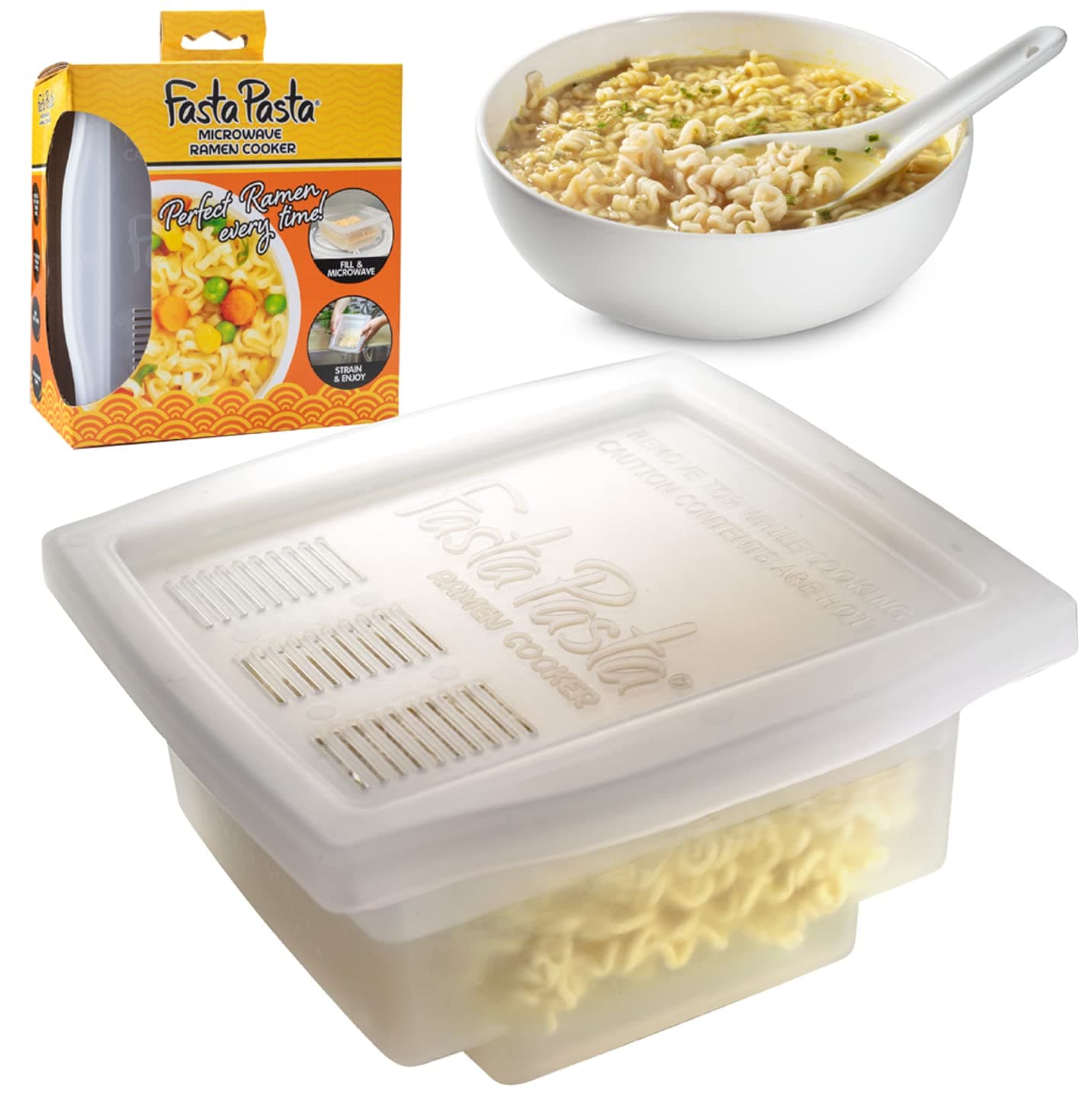 Fasta Pasta The Original Microwave Ramen Cooker w Lid and Built-in Strainer- No More Messes, Waiting for Water to Boil,or Sticky Noodles- Perfect Al Dente Every time- Patented, It Really Works