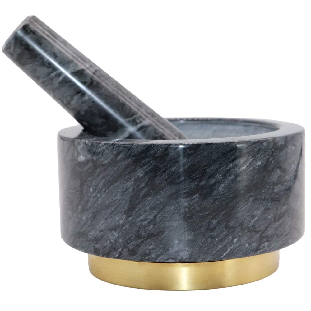 Kitchen Granite Pestle Mortar Bowl Sets Premium Solid Stone Spice Grinder Molcajete Grinding Pot for Cooking Garlic Spices Herb Washable Safe with Copper Base