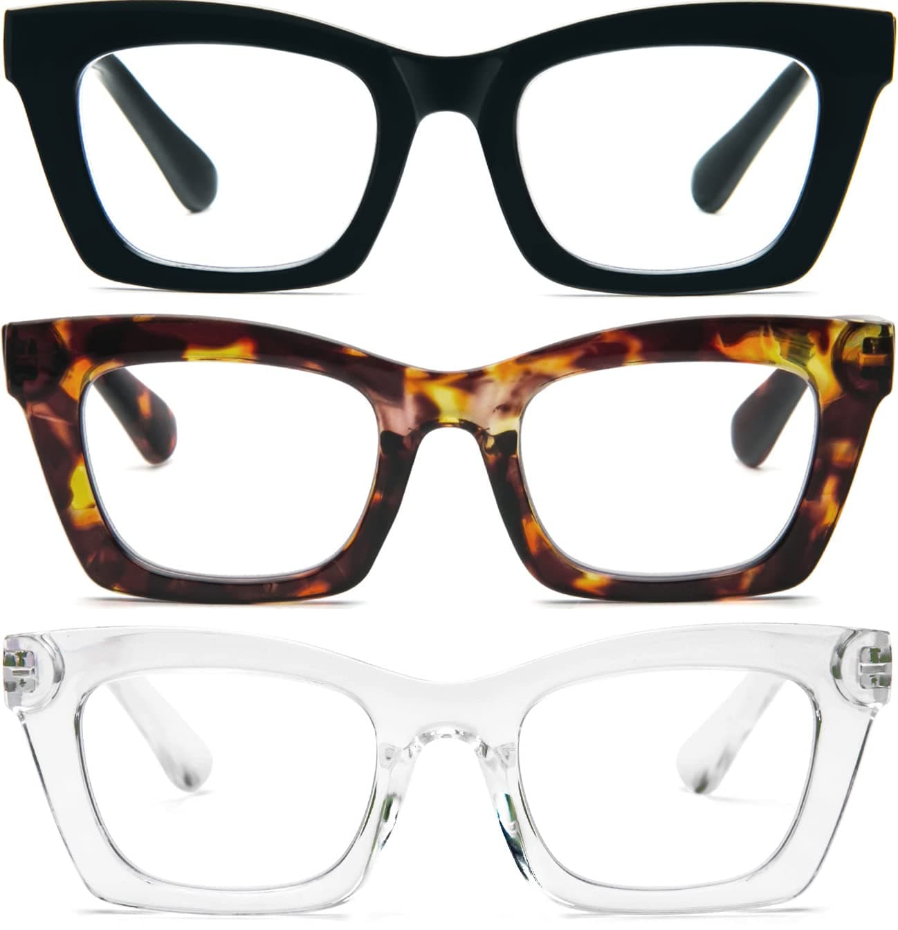 REAVEE 3 Pack Oprah Style Reading Glasses for Women Blue Light Blocking, Cute Oversized Square Computer Readers Spring Hinge