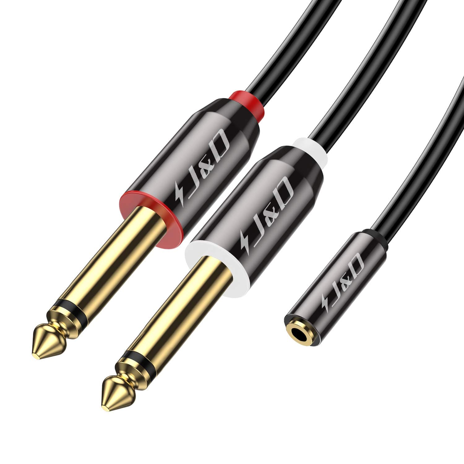 J&D 3.5 mm to 2 x 6.35 mm Cable, Gold Plated Copper Shell Heavy Duty 3.5mm 1/8 inch Female TRS to 2X 6.35mm 1/4 inch Male TS Stereo Audio Adapter Cable for iPhone, Amplifiers, 3 Feet