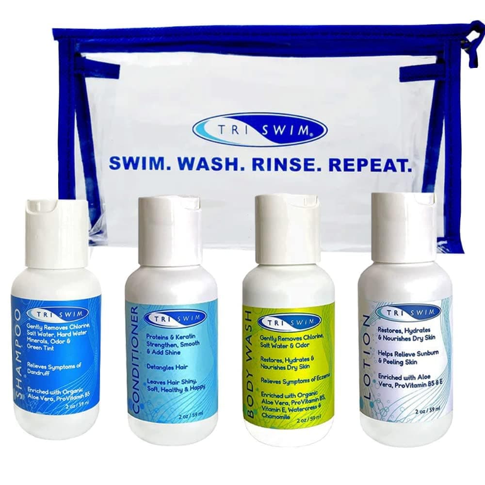 Shot Set in Travel Bag | 2oz Travel Size Chlorine Removal Shampoo, Swimmer’s Conditioner, Swim Body Wash and Lotion | Removes Chlorine, Bromine, Hard Water Minerals & Saltwater and odors