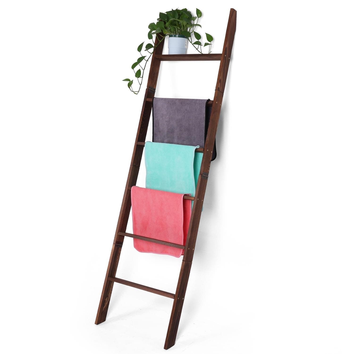 Zelbuck Blanket Ladder for Living Room and Bedroom,6-Tier Decorative Display Ladder Shelf,Ladder Rack for Storage and Decor,Wall Leaning Farmhouse Blanket Storage,Towel Rack, Bathroom,Brown