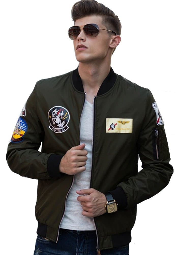 JOOBOX Mens Military Style Korean Printed Flight Stand Collar Casual Baseball Jacket - White -