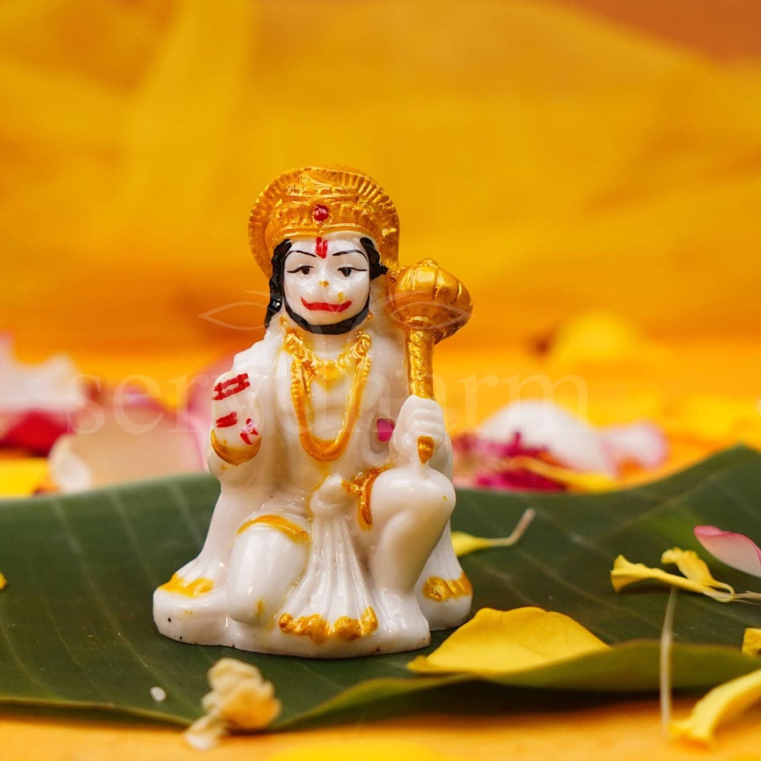 Servdharm Hanuman Ji Murti Blessing with Gada Sitting Lord Balaji Bajrangbali Sankat Mochan Bhagwan Idol for Temple Car Dashboard Home Decor Statue Gifts (White), 8 x 5 cm