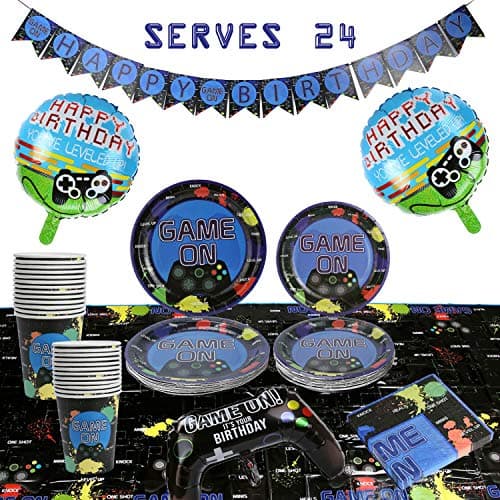 101 Piece Video Game Party Supplies Set Including Banner, Plates, Cups, Napkins, Tablecloth, Joy Stick Controller Balloon, Round Controller Balloons - Serves 24