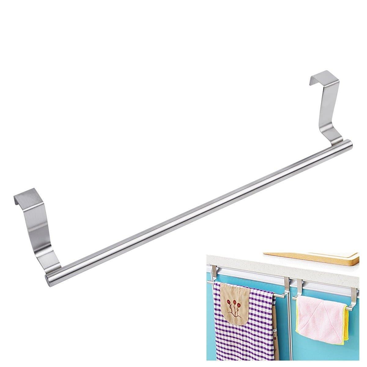 Mziart Towel Bar with Hooks for Bathroom and Kitchen, Brushed Stainless Steel Towel Hanger Over Cabinet Door (14inch)