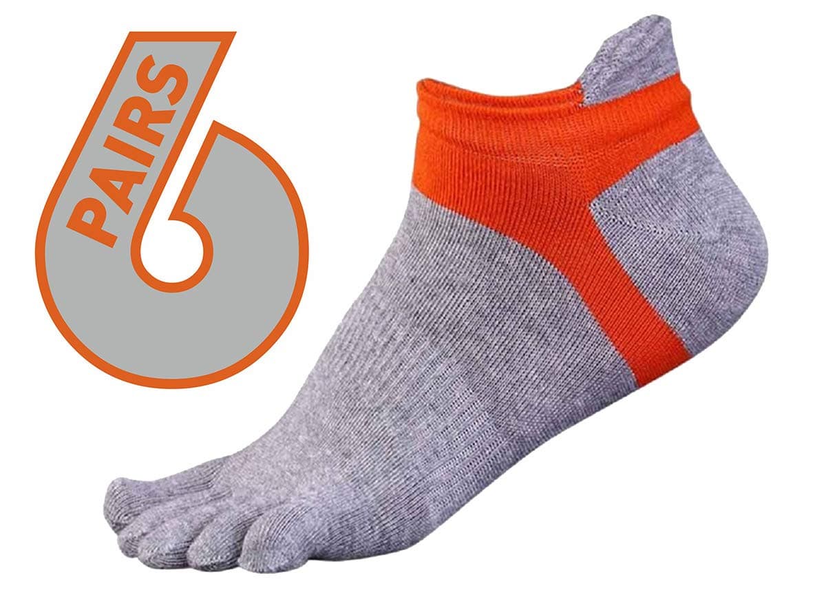Five toe socks 6 pack - toes separated comfortable socks for athletic, running, walking, yoga and casual use (Gray orange)