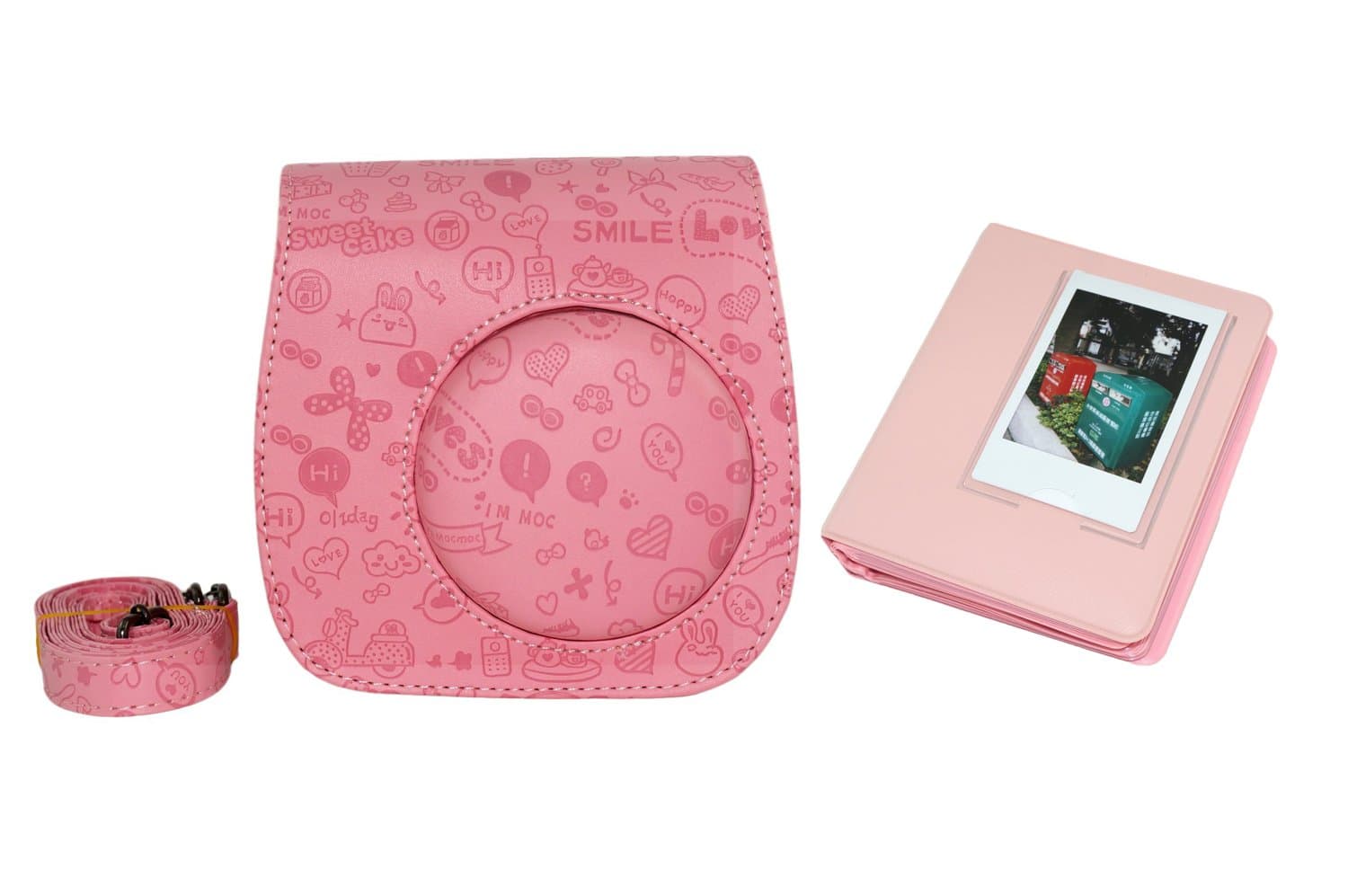 iDaily Essential Bundle Cute Cartoon Camera PU Leather Carrying Case For Fujifilm Fuji instax mini 8 With Free Shoulder Strap Pink + 64 Pockets Polaroid Mini Films Book Photo Album & iDaily Logo Cleaning Cloth - Pink