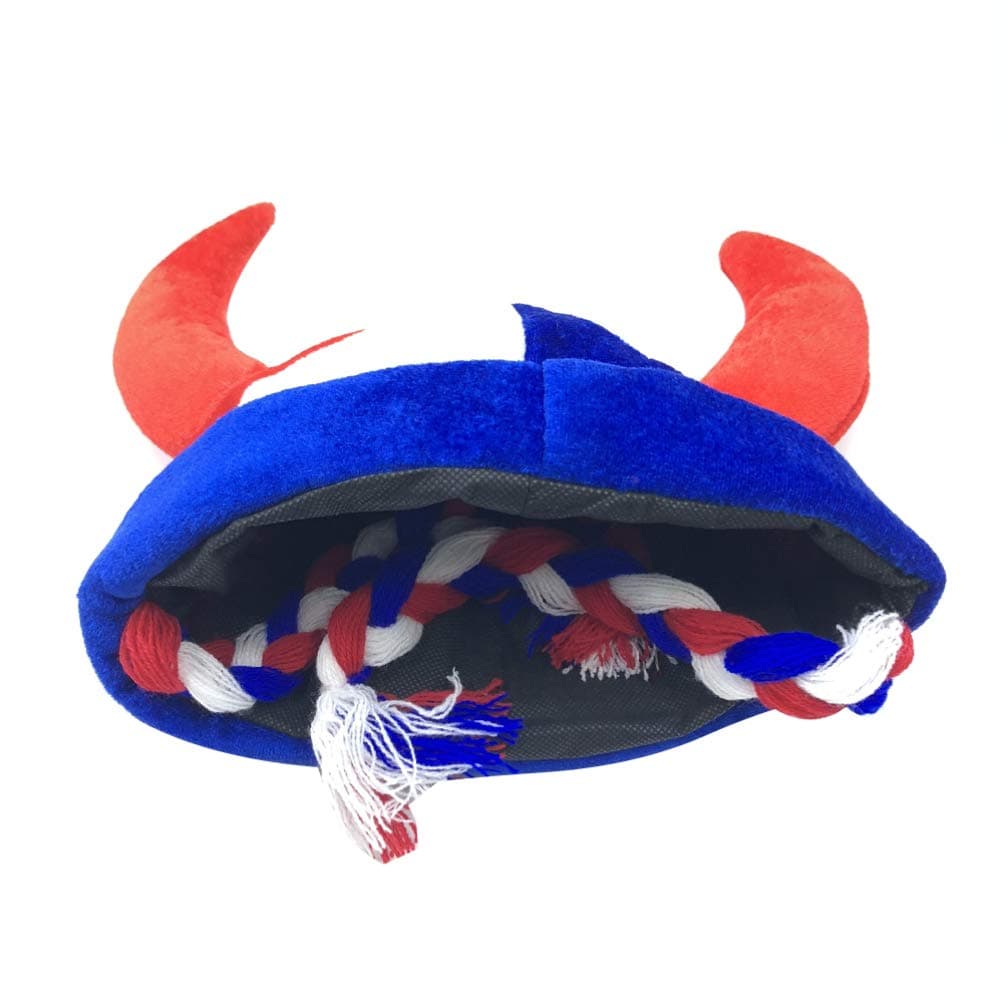 Amosfun Carnival Party Hat Ox Horn Hat Funny Braid Cosplay Cap Headdress Headwear for Birthday Party (Blue, Red and White)