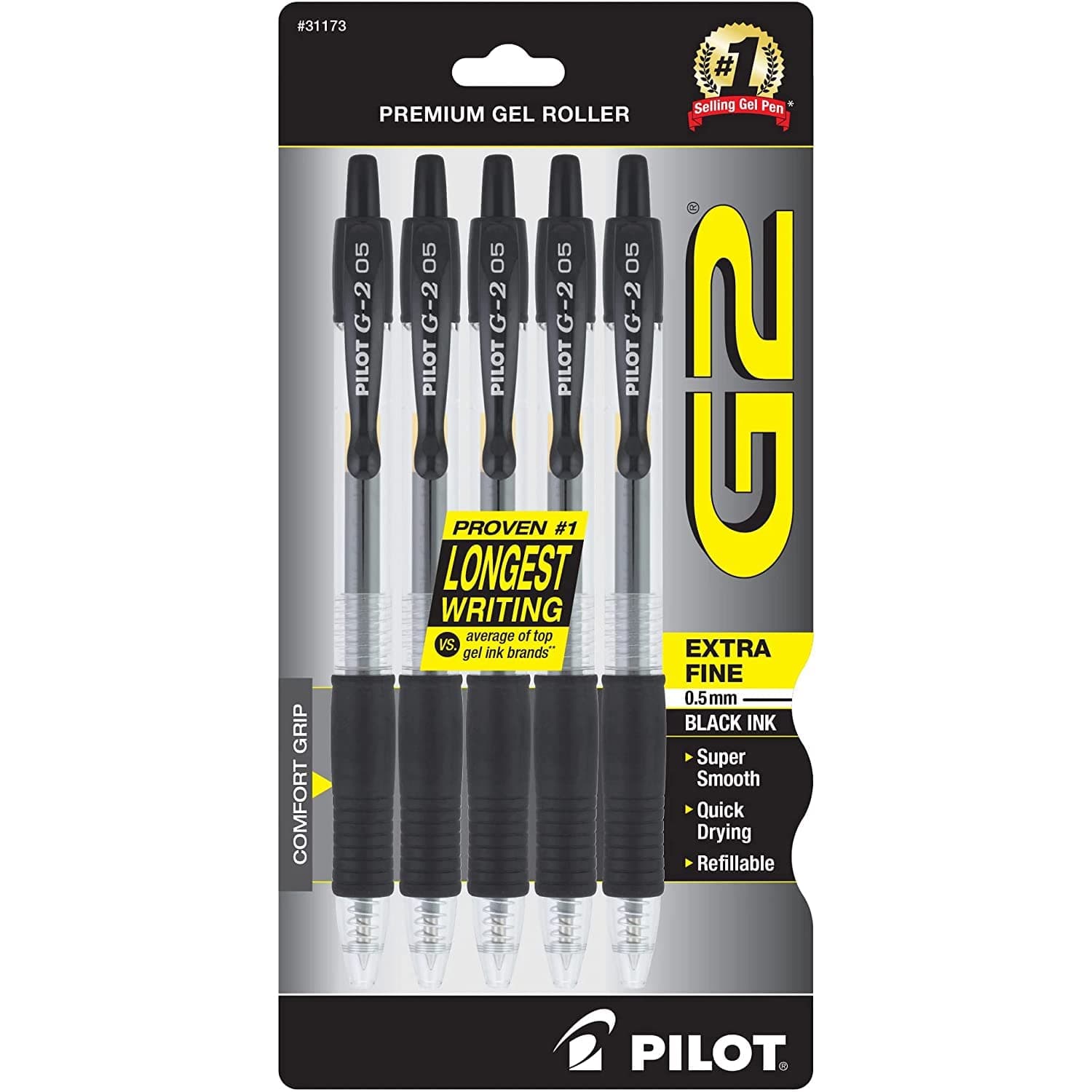 G2 Retractable Premium Gel Ink Roller Ball Pens, Extra Fine Point, 5-Pack, Black Ink (31173)
