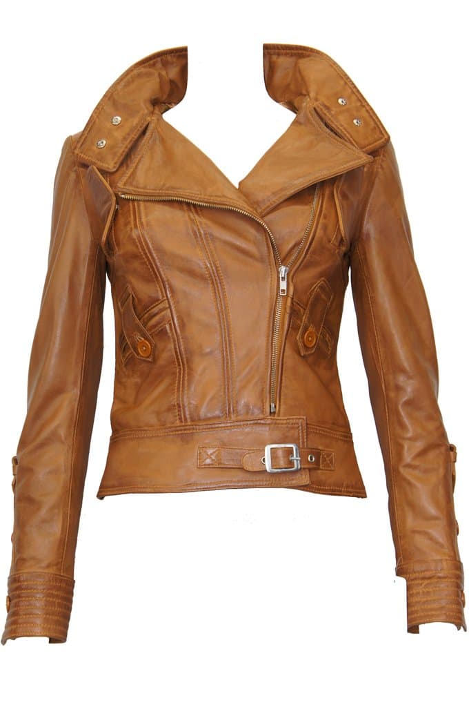 Perth Tan Ladies Woman's Classic Retro Designer Real Soft Sheep Nappa Real Lambskin Leather Jacket