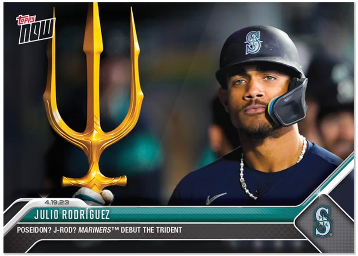Topps2023 Topps Now Julio Rodriguez #151- Poseidon/J-Rod? Mariners Debut the Trident - 4/19/23 - Baseball Trading Card- Seattle Mariners. Card Shipped in Protective Screwdown Holder.