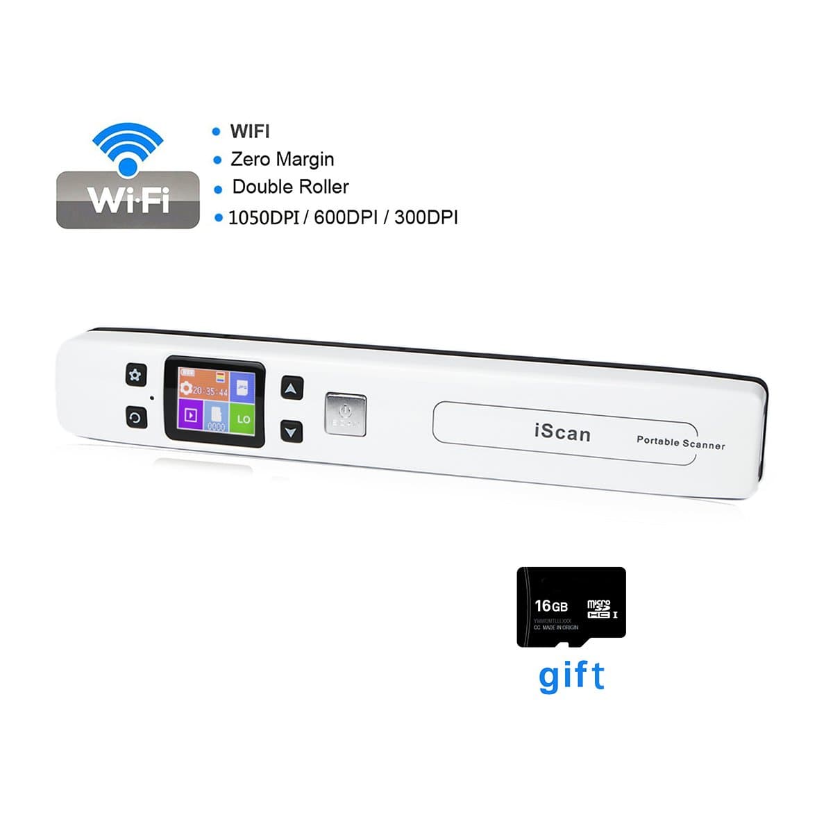 FLAGPOWER WIFI Portable Scanner Document & Image Scanner Magic Wand Built in WiFi Function with High Resolution(1050 dpi), Handheld Wireless Scanner Include 16G Micro SD Card with Built-in Battery (White)